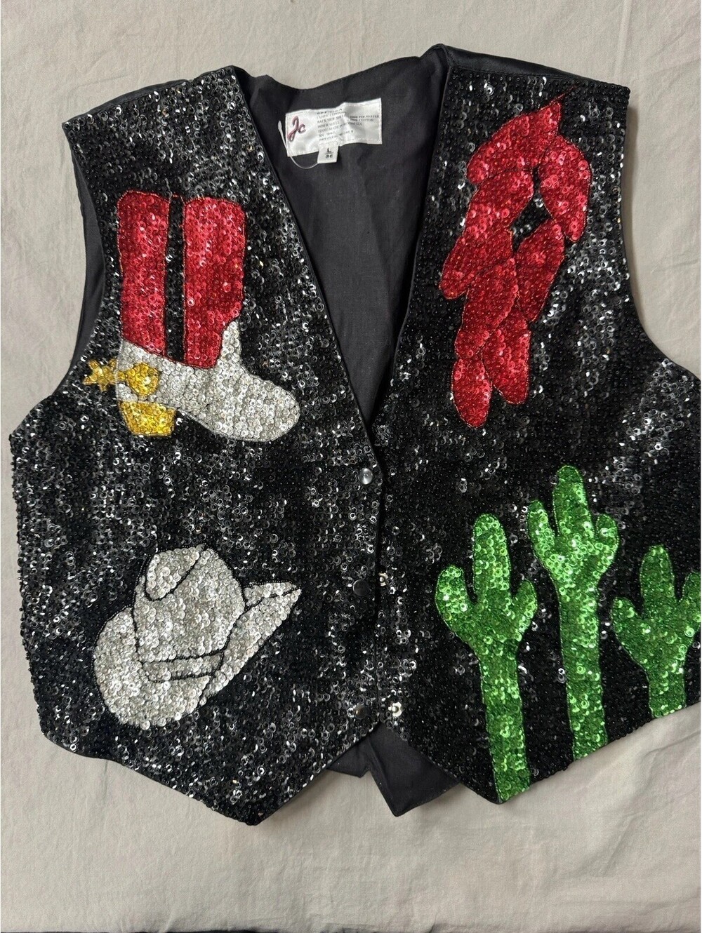VINTAGE JC HandmadeSequined Cowboy Boots,Hat,Cactus,Chili Pepper?VEST SZ Large